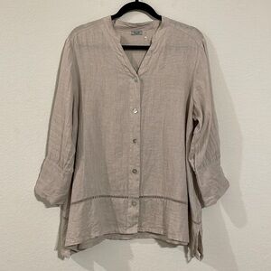 Symple Women's Button Front Shirt Medium Tan 100% Linen Lagenlook Oversized Lace
